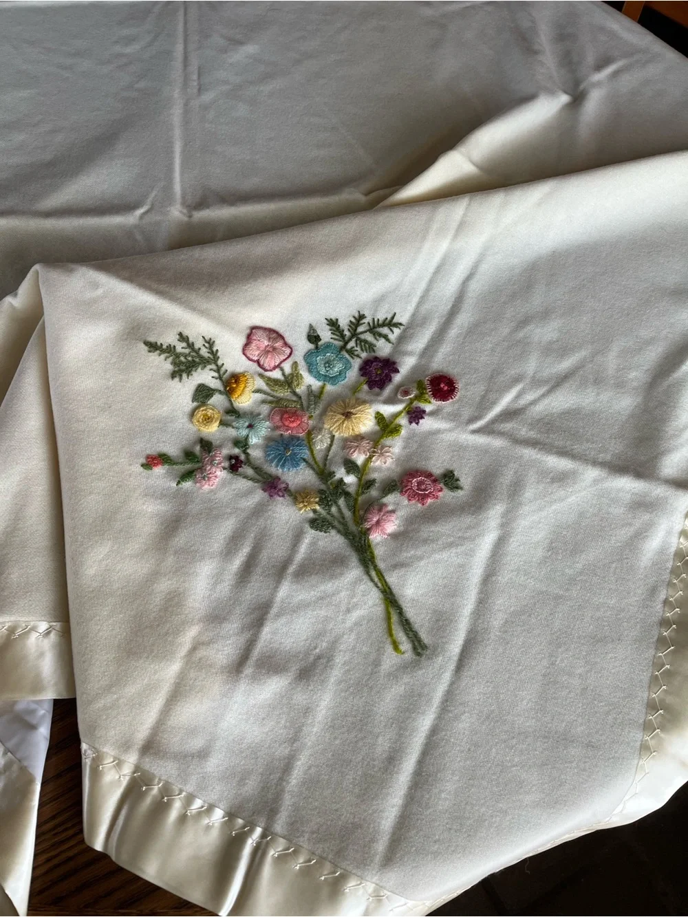 Vintage  Embroidered Floral Blanket Throw- Cream with Pastel Bouquet Silk Edging